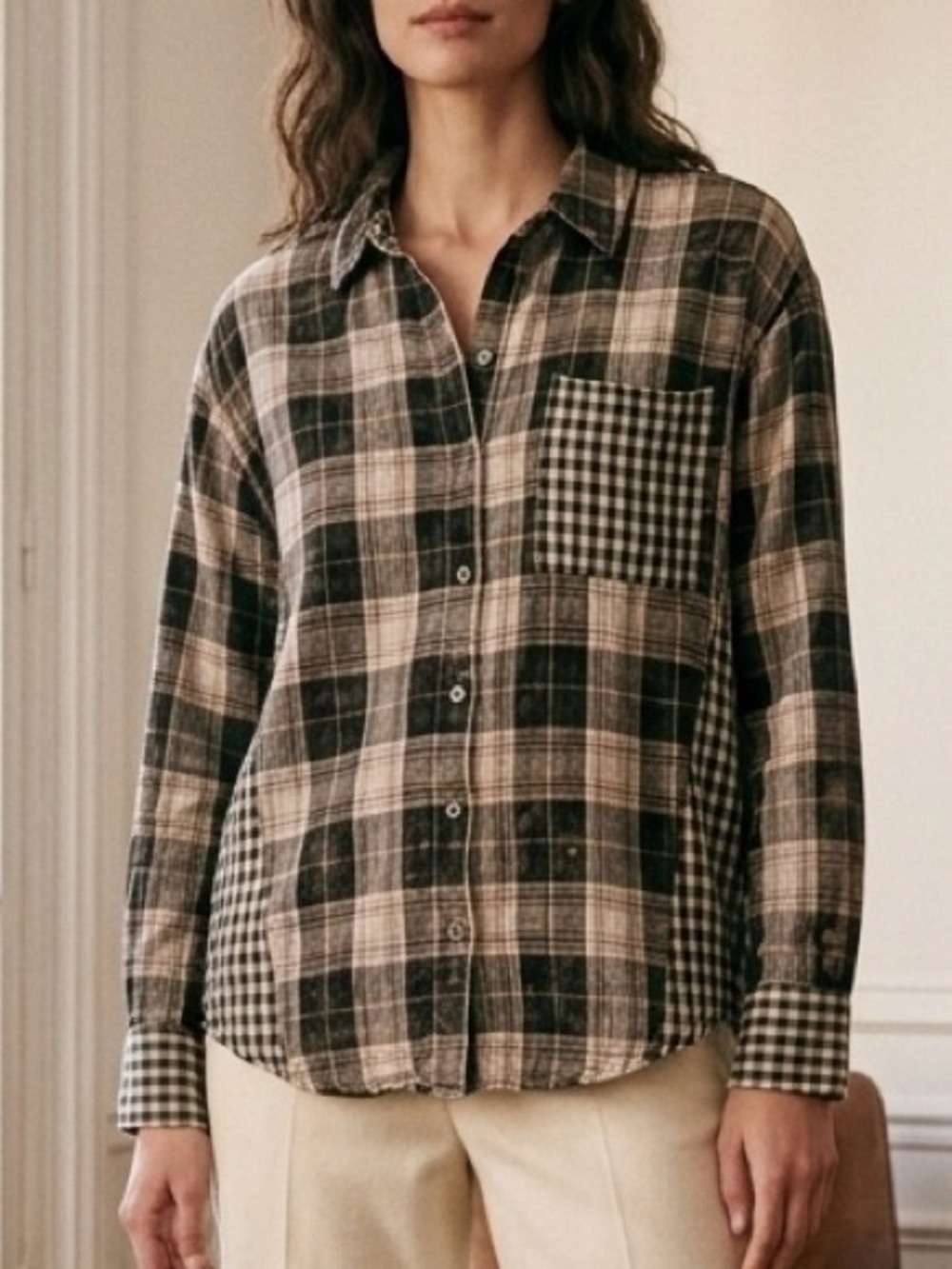 💎 Mystree Plaid Button-Up Shirt with Contrast Pocket Black & Cream Size S